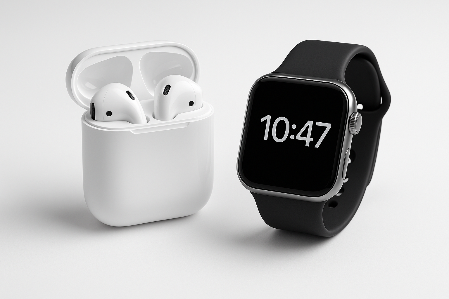 WHITE COLOUR UNIUE AIRPOD WITH SMART WATCH OM PROFESSIONAL PI=HOTO AND BG 